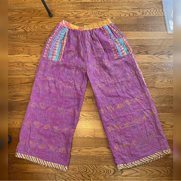 Kantha Patchwork Pants • Reversible Vintage Sari • Boho Wide Leg • OSFM - Picture 4 of 8